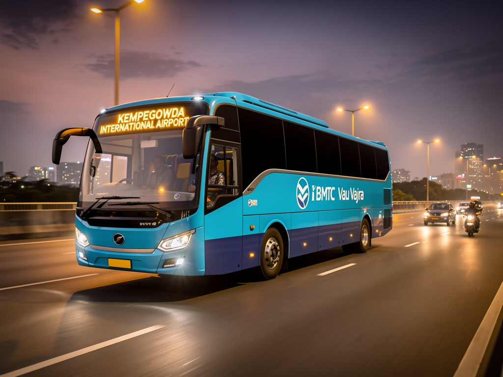 BMTC Vayu Vajra Volvo bus traveling on Bangalore Outer Ring Road during evening hours with city lights visible and clear road conditions ahead