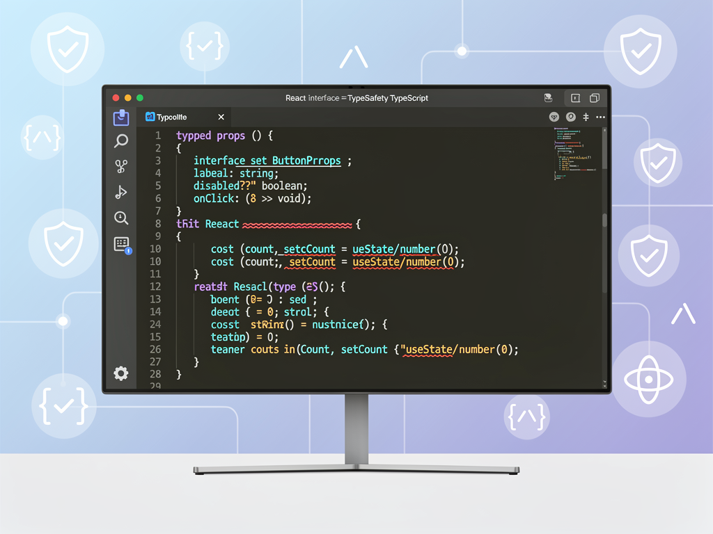 Code editor screenshot showing TypeScript with React, displaying a component with typed props interface, useState with generic type parameter, and TypeScript error highlighting for type mismatches, using a dark theme code editor aesthetic with syntax highlighting and error indicators