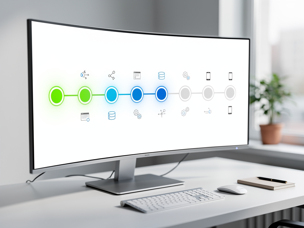 Product roadmap visualization showing quarterly milestones from Q1 to Q4, with completed items in green including core editor and data management, current quarter items in blue including workflow automation and integrations, and future items in gray including mobile support and AI features, connected by a timeline