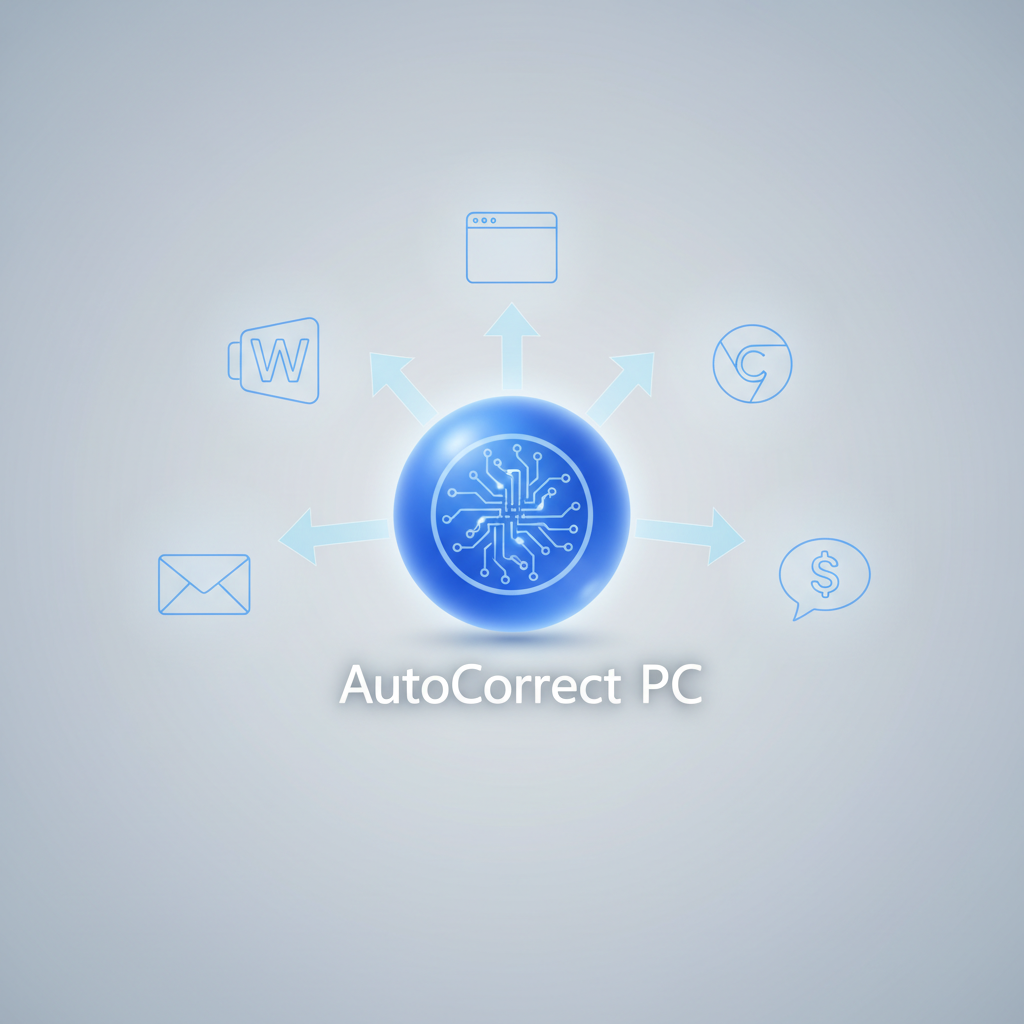 A diagram showing AutoCorrect PC's logo at the center, with arrows pointing to various Windows applications like Word, Outlook, and Chrome, illustrating system-wide integration