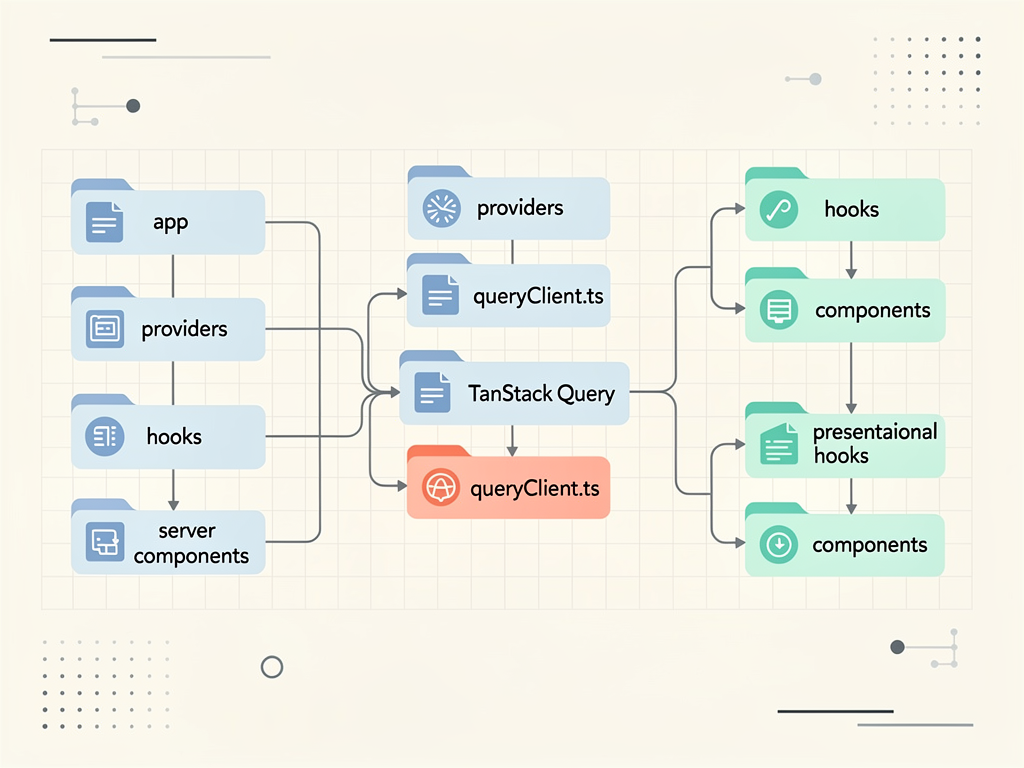 Code architecture diagram showing the file structure of a Next.js application with TanStack Query integration, displaying the providers folder, hooks directory for custom query hooks, and the relationship between server components and client components, using clean folder icons and connecting lines in an infographic style