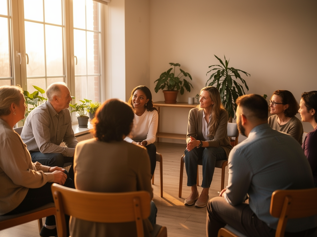 A diverse group of adults participating in a group therapy session, seated in a circle in a bright, welcoming community space. Participants appear engaged and supportive, with some nodding and others speaking. Natural light fills the room, conveying a sense of hope and collective healing.