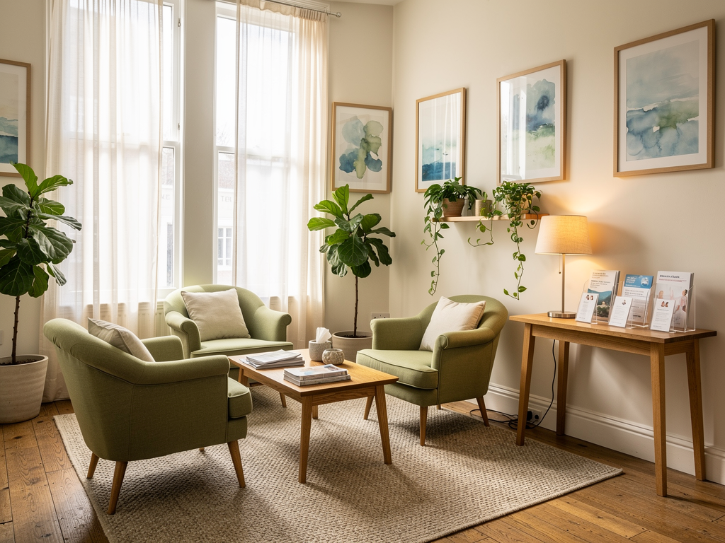 A welcoming therapy clinic reception area in a converted British townhouse, featuring comfortable seating, calming artwork, and soft natural lighting. Plants add warmth to the space, and informational brochures about mental health services are visible on a side table, creating an atmosphere of professional care and accessibility.