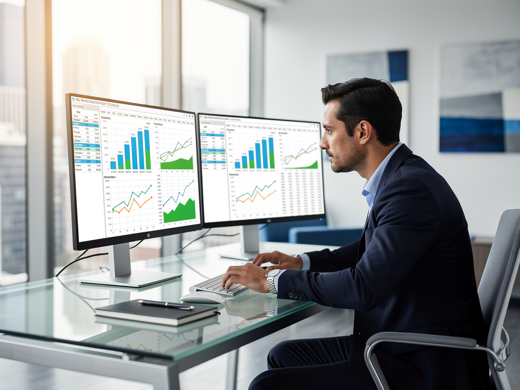 A financial analyst reviewing cost comparison spreadsheets on dual monitors in a modern office, charts showing total cost of ownership comparisons between traditional and AVoIP solutions, natural window lighting, professional business environment