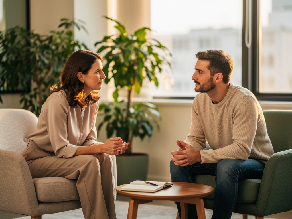A therapy session in progress showing a therapist and client engaged in conversation in a comfortable, modern counselling room with warm lighting, plants, and calming neutral colours, the client appearing engaged and thoughtful
