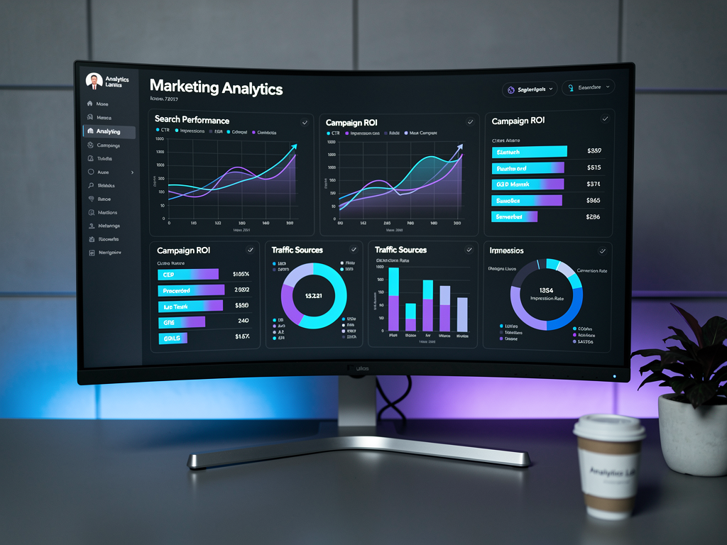 Marketing analytics dashboard showing AEO-specific metrics including AI citation count over time, referral traffic from AI platforms, brand mention frequency across ChatGPT and Perplexity, and comparison to traditional organic search metrics