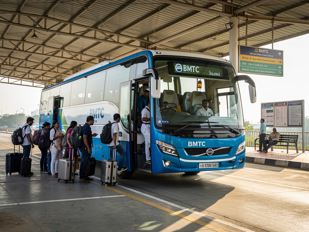 Modern air-conditioned Volvo bus with blue and white BMTC livery parked at a covered bus terminal, passengers boarding with rolling suitcases, bright morning light illuminating the scene