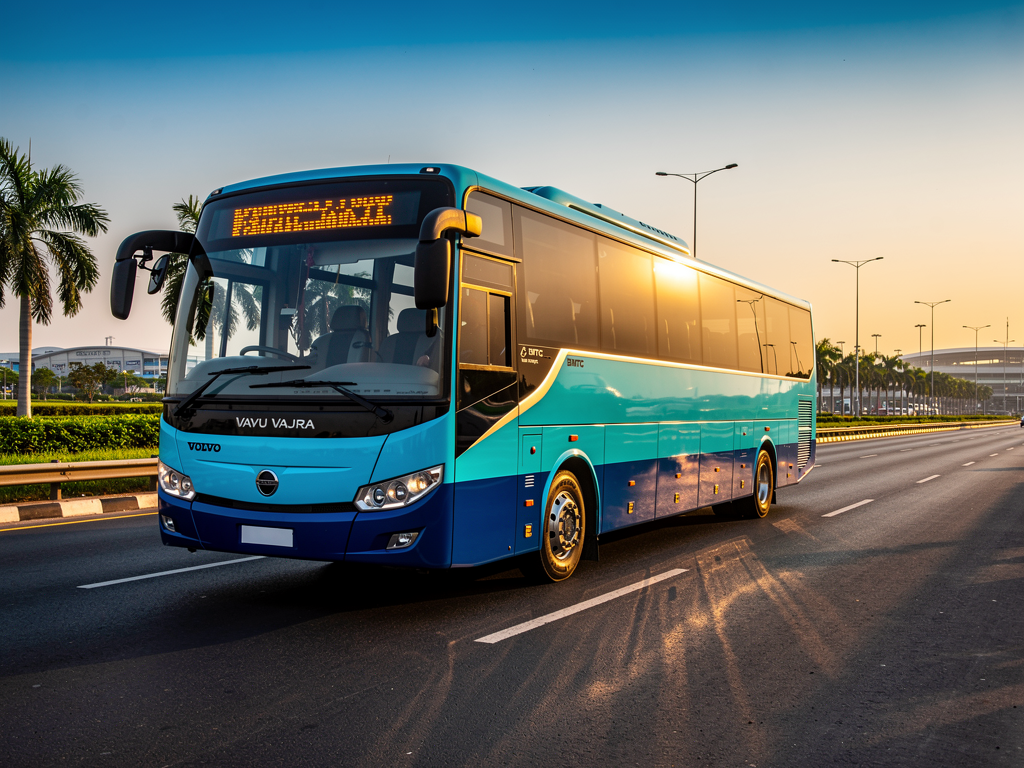 A modern BMTC Vayu Vajra Volvo coach traveling on a wide expressway toward the airport, clear blue sky above, green landscaping along the road, the bus's silver multi-spoke wheels visible, aerodynamic front design prominent, destination board illuminated