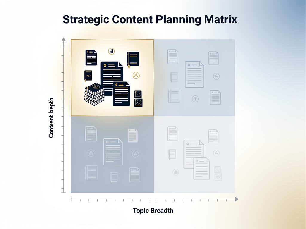 Content strategy matrix showing four quadrants based on content depth and topic breadth, with the high-depth, focused-breadth quadrant highlighted as the optimal zone for AI visibility, including examples of content types in each quadrant
