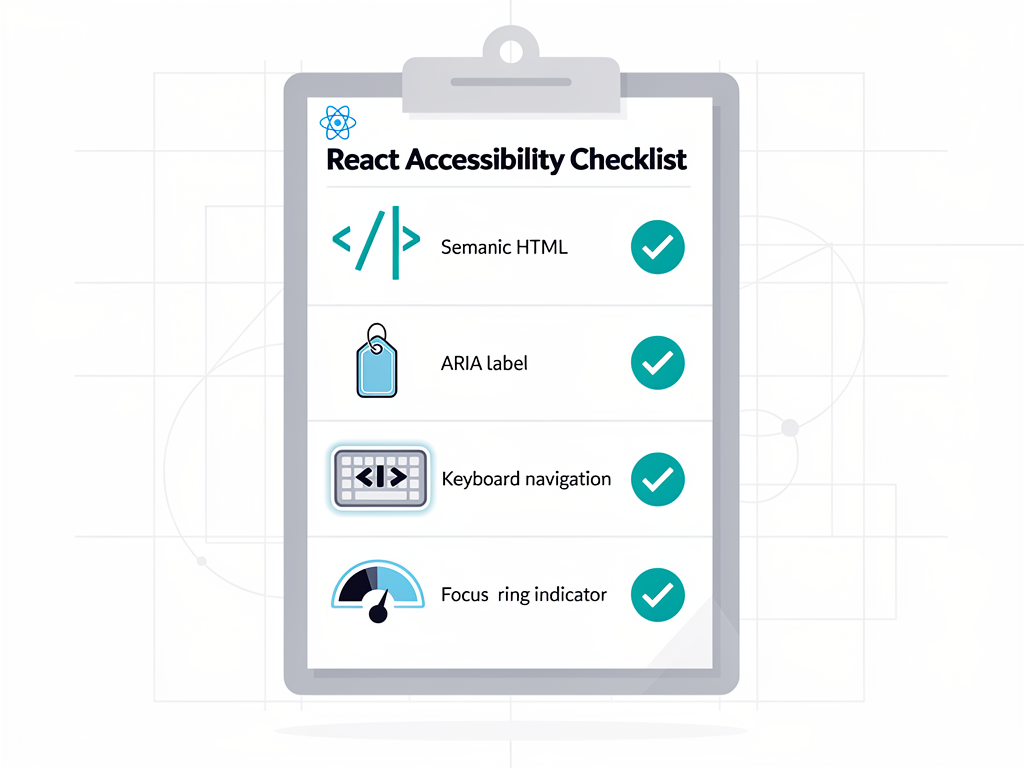 Checklist infographic showing React accessibility best practices including semantic HTML, ARIA labels, keyboard navigation, focus management, and color contrast requirements with checkmark icons and brief descriptions