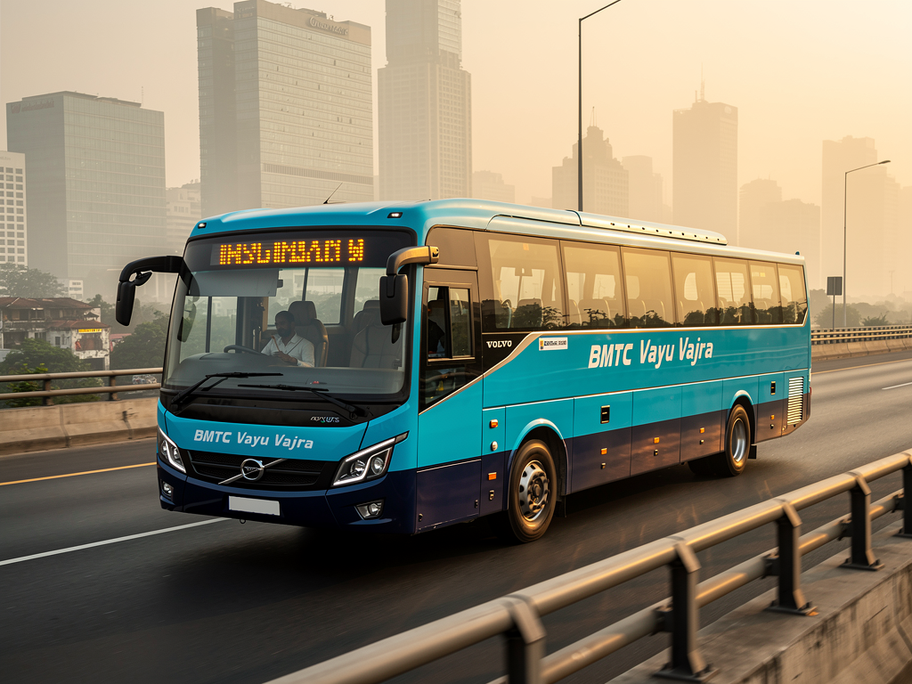 Aerial view of a BMTC Vayu Vajra Volvo bus navigating through Bangalore's elevated expressway during morning rush hour, the bus's bright cyan-blue body contrasting against the gray concrete infrastructure, city skyline with tech parks visible in the misty distance