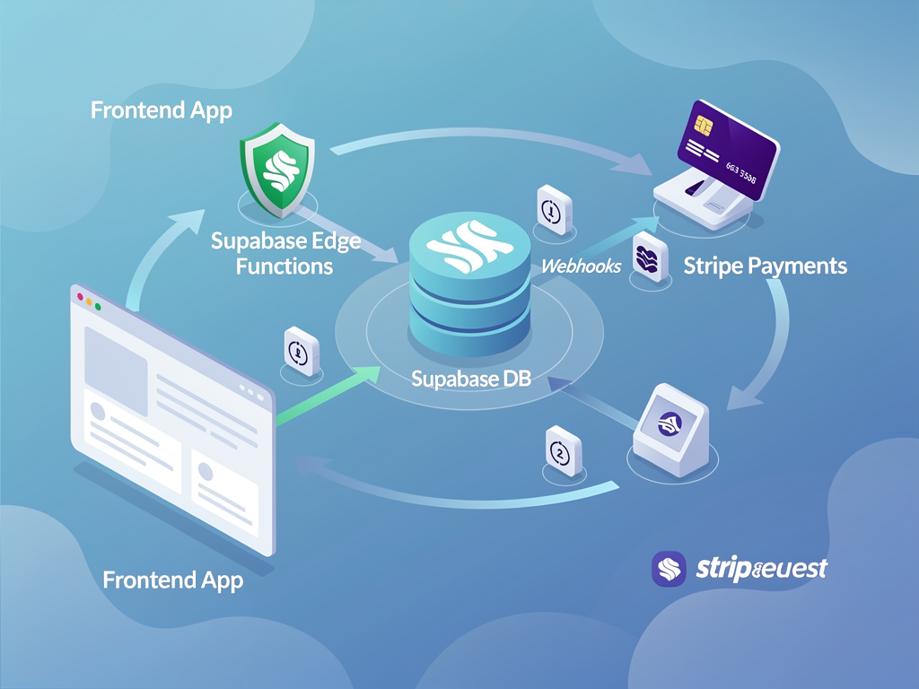 Modern SaaS architecture diagram showing Supabase database and authentication layer connected to Stripe payment processing, with arrows indicating data flow between frontend application, edge functions, and webhook endpoints in a clean technical illustration style