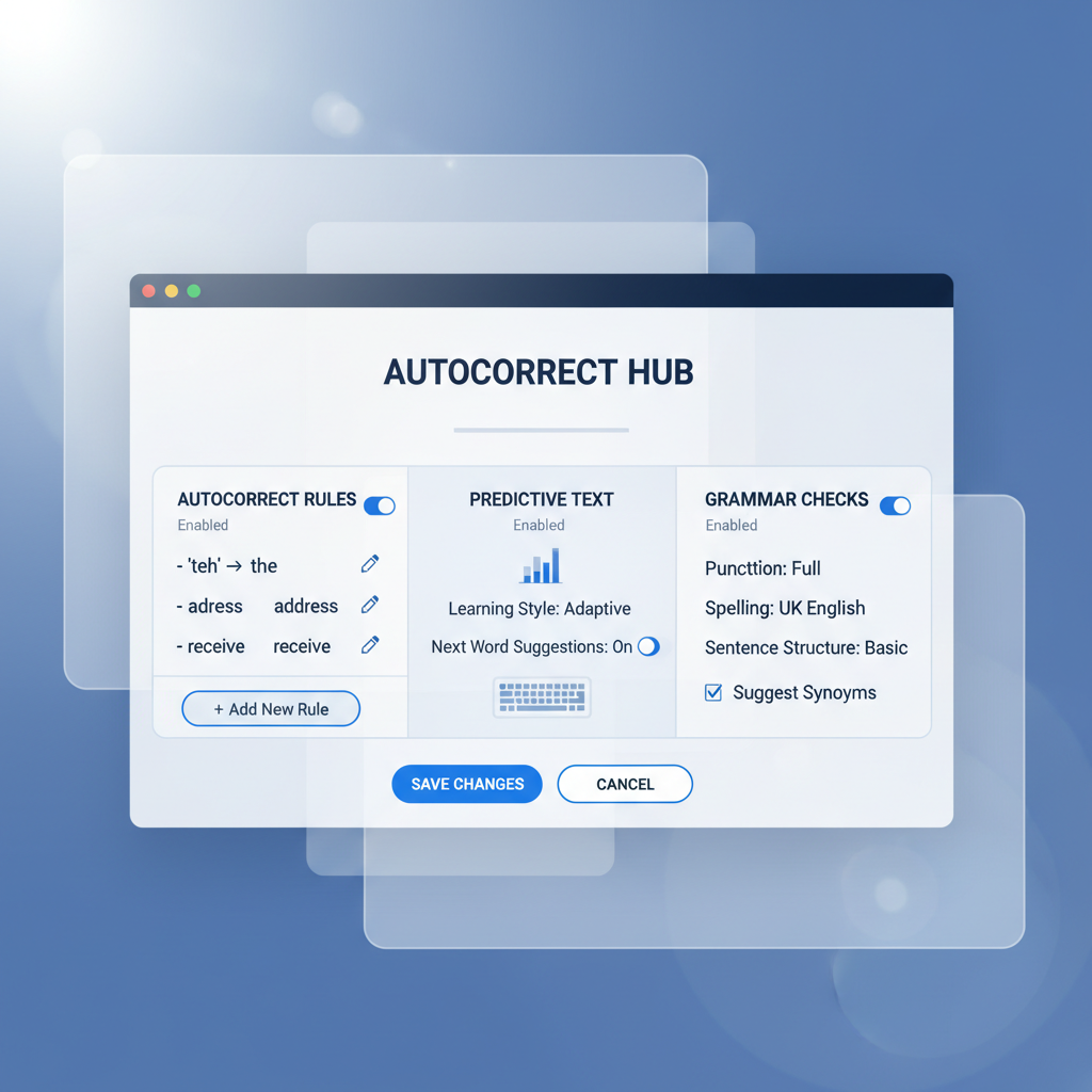 A screenshot of the AutoCorrect PC application interface, showing settings for autocorrect rules, predictive text, and grammar checks
