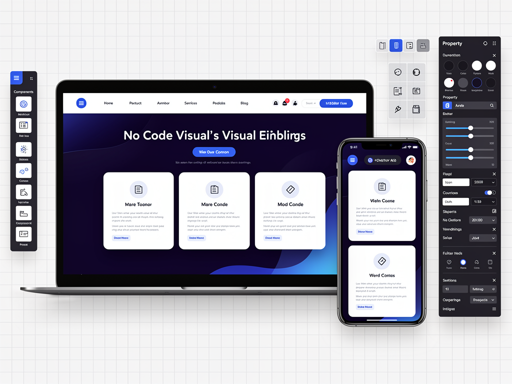 Split-screen view of a no-code editor showing desktop and mobile previews side by side, with the desktop version displaying a full navigation bar and three-column layout while the mobile version shows a hamburger menu and single-column stack, demonstrating responsive design capabilities
