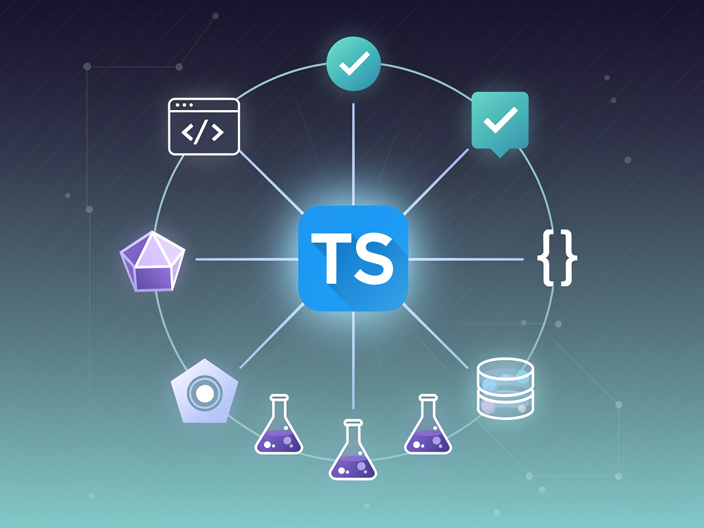 Ecosystem diagram showing TypeScript at the center connected to surrounding tools including VS Code, ESLint, Prettier, Prisma, Next.js, and various testing frameworks, with icons representing each tool