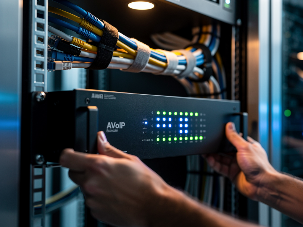Close-up of professional AVoIP encoder hardware being rack-mounted in a server room, showing detailed cable management and LED status indicators, captured with shallow depth of field emphasizing the equipment