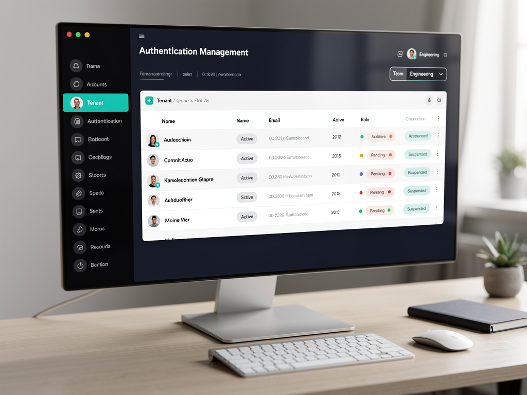 Dashboard interface showing a multi-tenant admin panel with user management, team settings, and authentication configuration options, featuring a modern design with sidebar navigation and data tables displaying tenant and user information