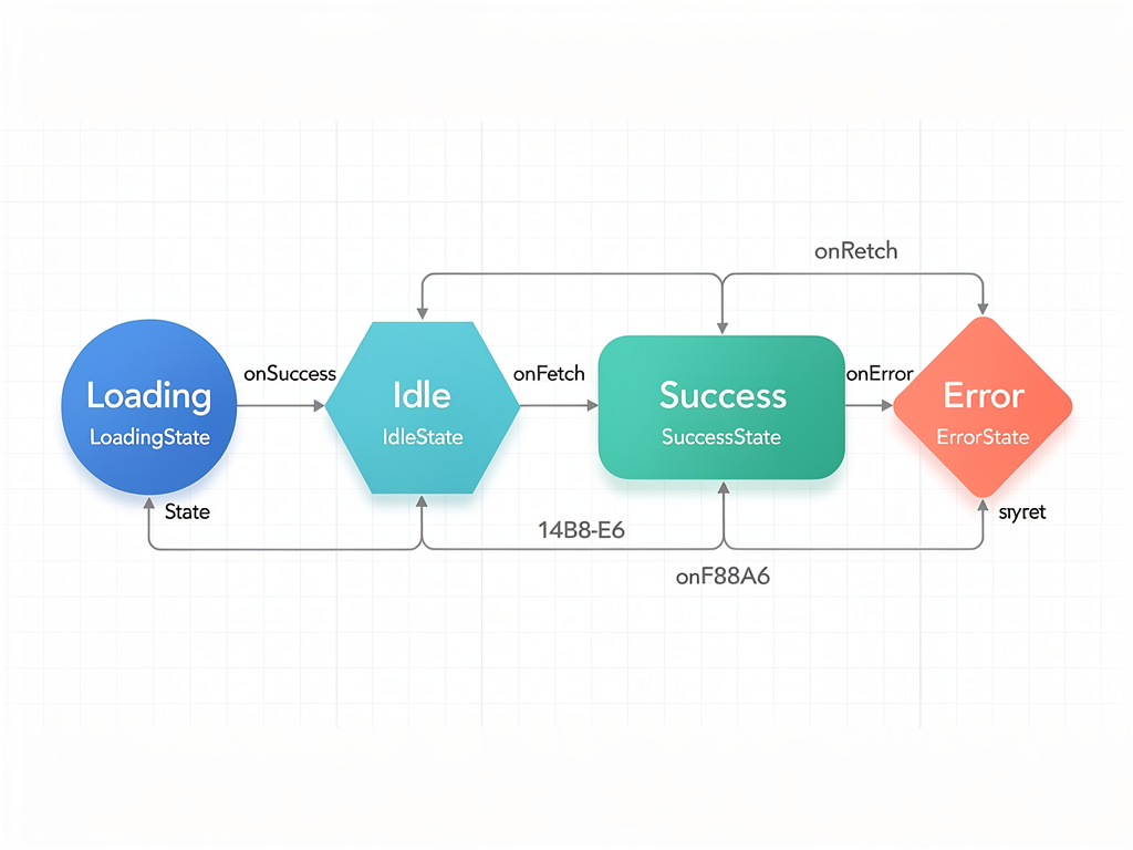 State machine diagram showing UI state transitions with TypeScript type annotations at each node, illustrating loading, success, error, and idle states with transition arrows and type guards, clean infographic visualization