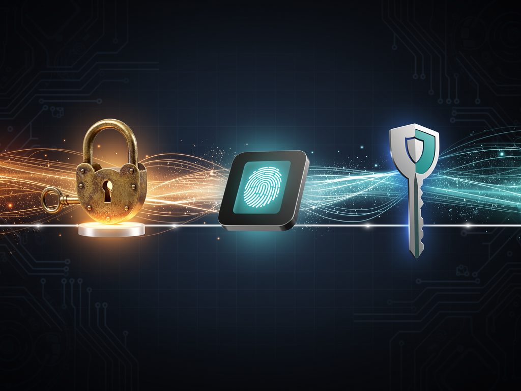 Futuristic illustration showing the evolution of authentication methods from passwords to biometrics to passkeys, with timeline progression and icons representing each authentication technology generation