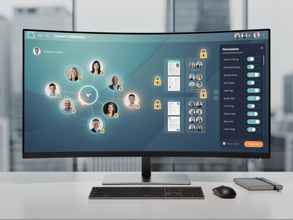 Enterprise team collaboration interface showing multiple user avatars working on shared content project, permission settings panel visible, secure lock icons indicating compliance features