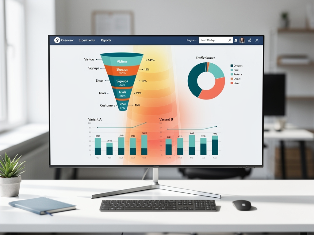 Analytics dashboard mockup showing landing page metrics including conversion funnel visualization, traffic source breakdown pie chart, scroll depth heatmap overlay, and A/B test results comparing two headline variations with statistical significance indicators