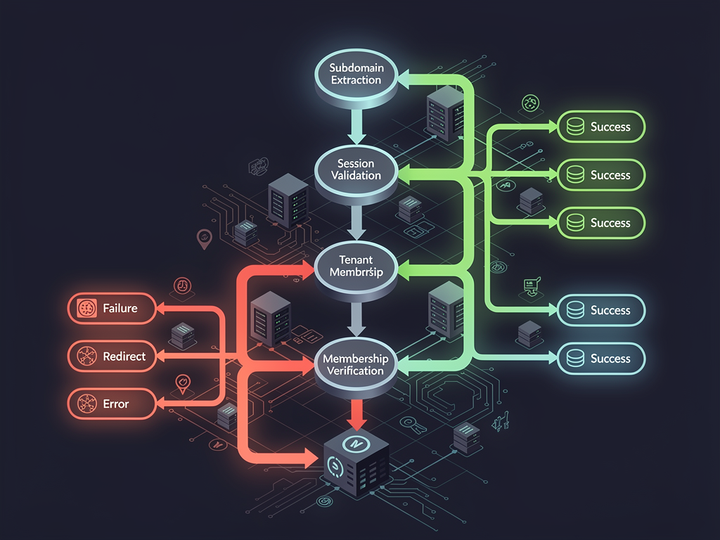 Flowchart illustrating Next.js middleware execution flow for multi-tenant authentication, showing decision points for subdomain extraction, session validation, tenant membership verification, and redirect logic, with green paths for successful authentication and red paths for failures