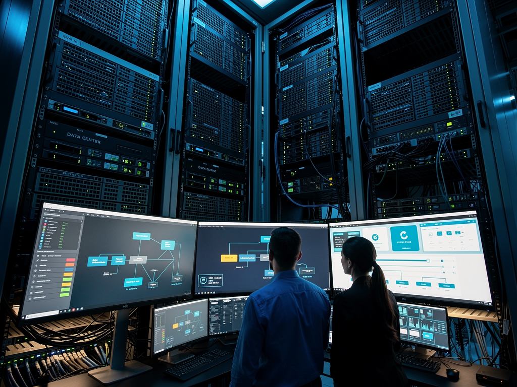 A network operations center showing multiple rack-mounted servers and network switches with glowing LED indicators, technicians monitoring screens displaying network topology diagrams, blue ambient lighting reflecting off equipment surfaces