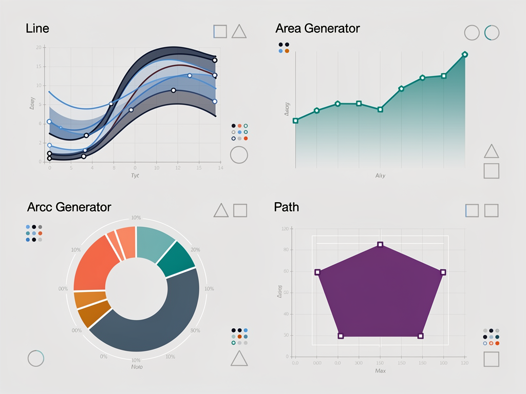Infographic showing four common D3.js shape generators side by side, including line generator creating a smooth curve, area generator filling below a line, arc generator forming pie segments, and path generator drawing custom polygons, each with sample code snippets and resulting visual output on a light gray background
