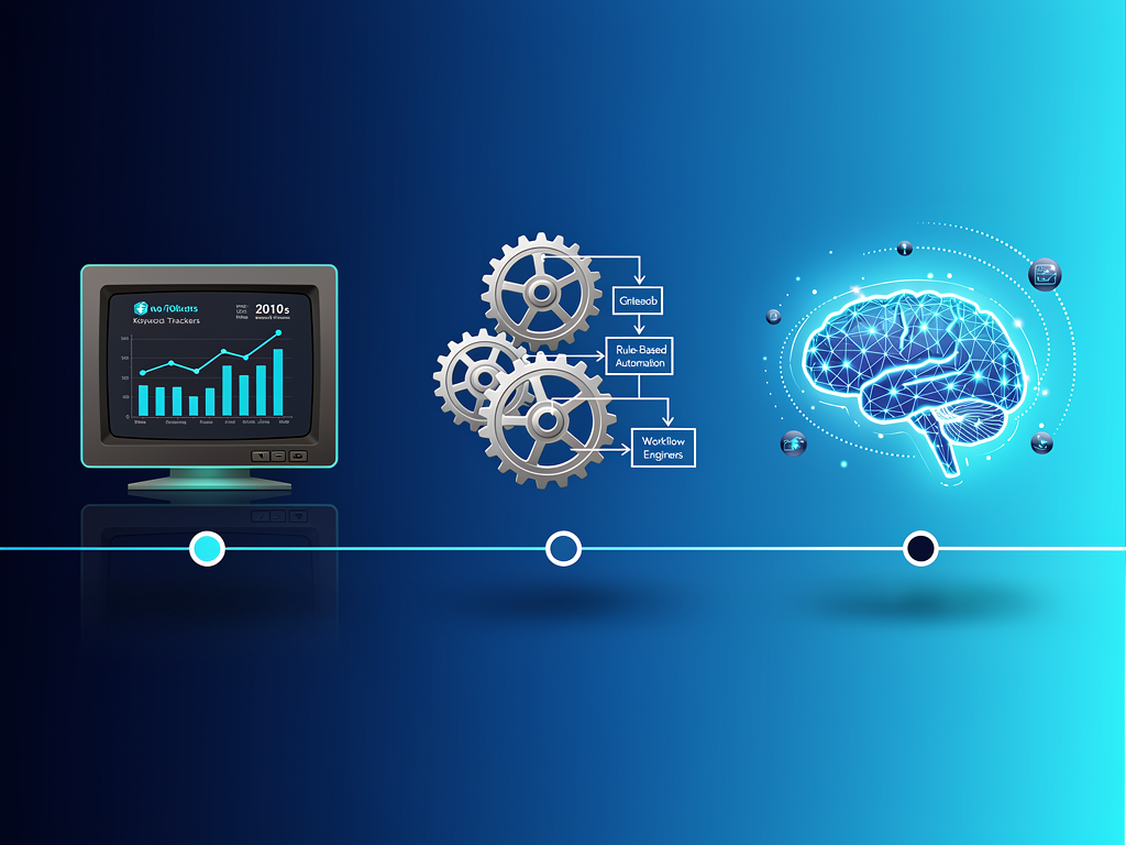 Timeline infographic showing the evolution of SEO tools from basic keyword trackers in the early 2010s through rule-based automation systems to modern AI-powered autopilot platforms, with icons representing each technological generation against a gradient blue background