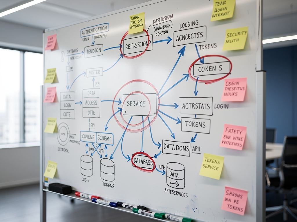 Whiteboard covered with complex system architecture diagrams showing authentication flows, database schemas, and API endpoints, with red markers highlighting security considerations and blue markers showing integration points, technical planning session atmosphere