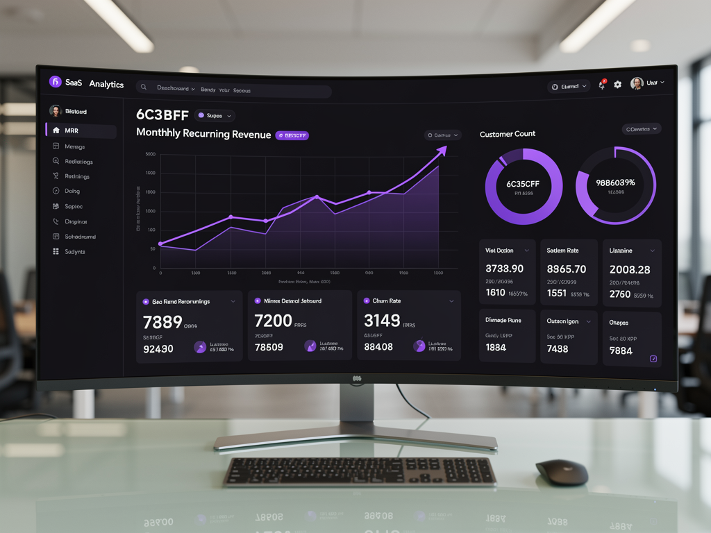 Dashboard interface showing subscription analytics with monthly recurring revenue chart, customer count metrics, and churn rate indicators, dark mode design with purple accent colors, data visualization style