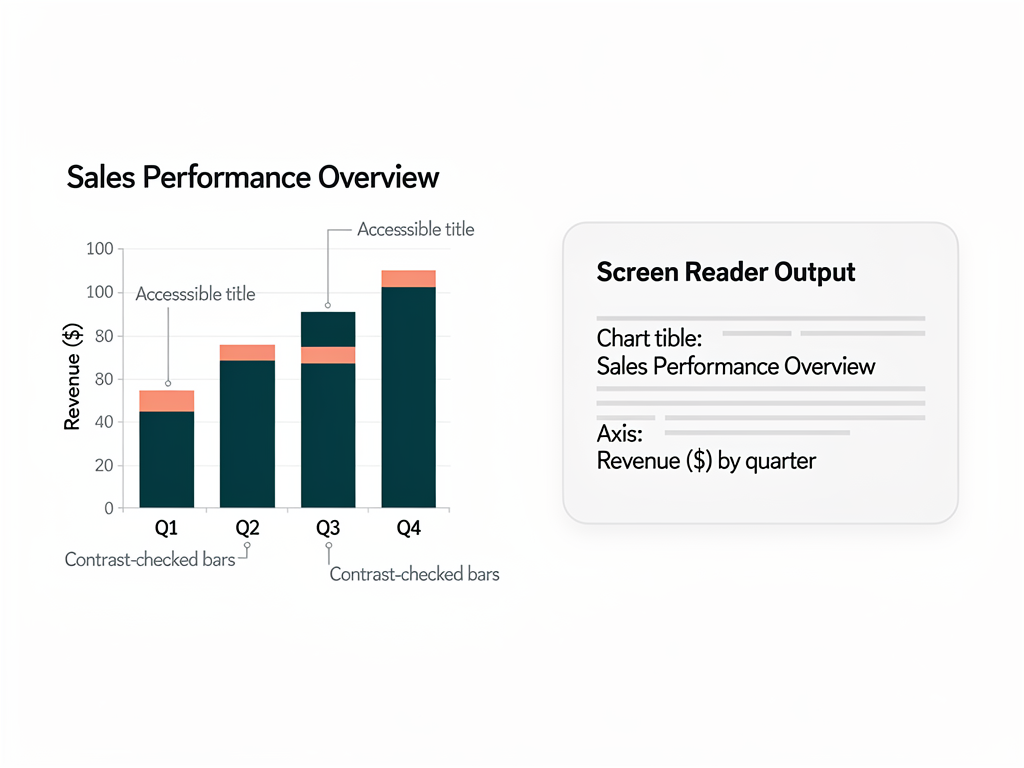 Split screen showing a bar chart visualization on the left with visible ARIA label annotations pointing to chart title, axis descriptions, and individual bar labels, alongside a screen reader output panel on the right displaying how the accessibility information is announced to users, demonstrating proper accessible visualization implementation