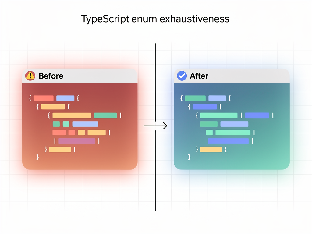 Code comparison showing a switch statement without exhaustiveness checking that allows bugs versus one with the never type pattern that catches missing cases at compile time, displayed in a split-screen code editor view with error highlighting