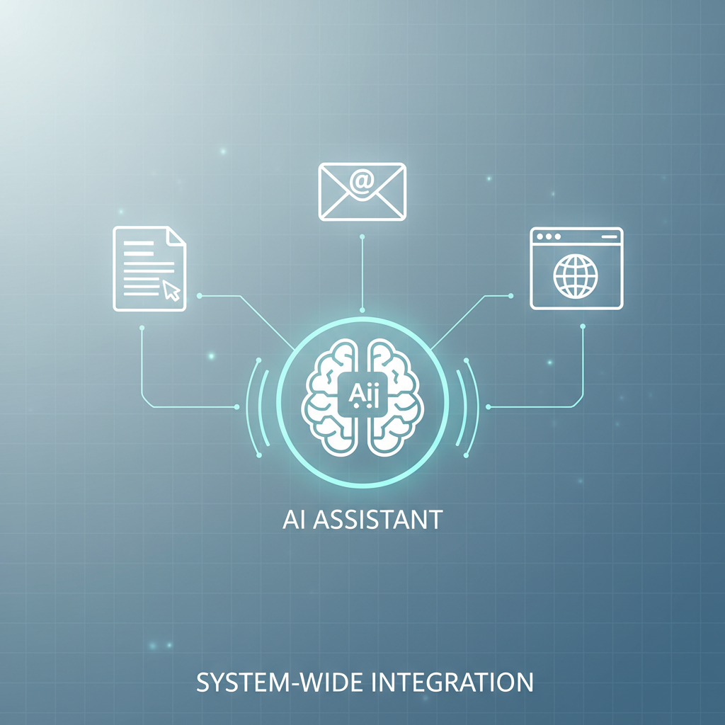A diagram illustrating AutoCorrect PC's system-wide integration, showing its features working across various Windows applications like Word, Outlook, and a web browser