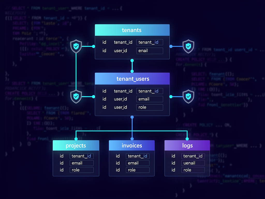 Database schema diagram showing relationships between tenants, tenant_users, and application data tables, with arrows indicating foreign key relationships and RLS policy enforcement points, displayed on a dark background with syntax-highlighted SQL snippets