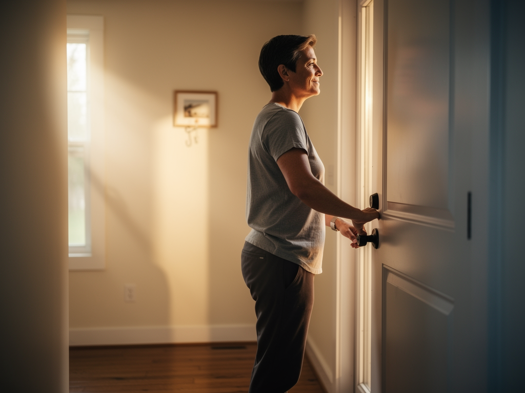 A person standing confidently at their front door, hand on the handle, looking forward with determination rather than back at the lock, morning sunlight streaming through nearby windows, conveying progress in overcoming checking compulsions
