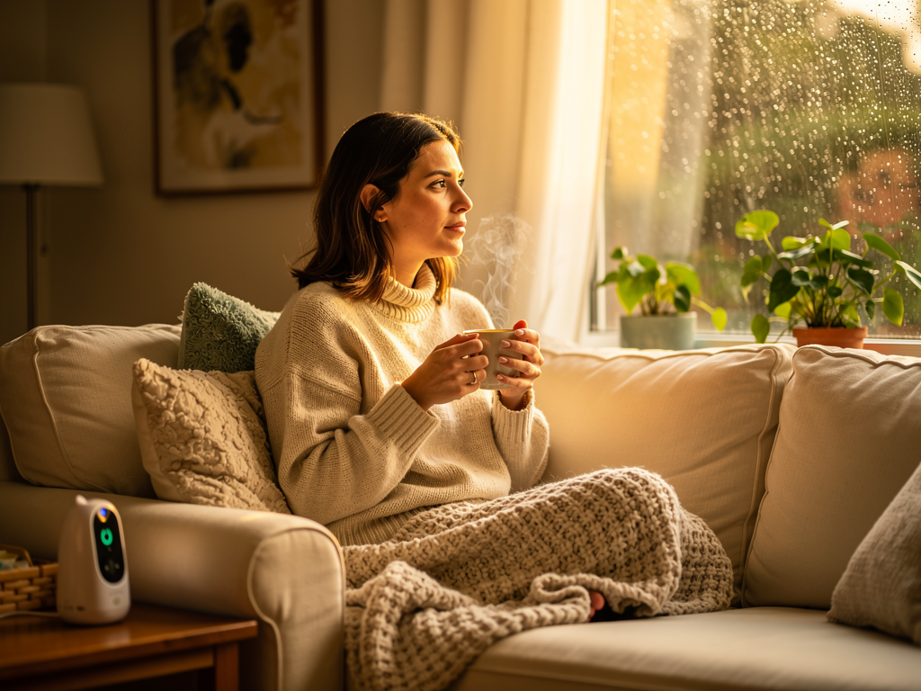 A person sitting comfortably on a sofa with a cup of tea, looking thoughtfully out of a rain-speckled window, warm indoor lighting creating a contemplative and peaceful mood, representing self-reflection and introspection