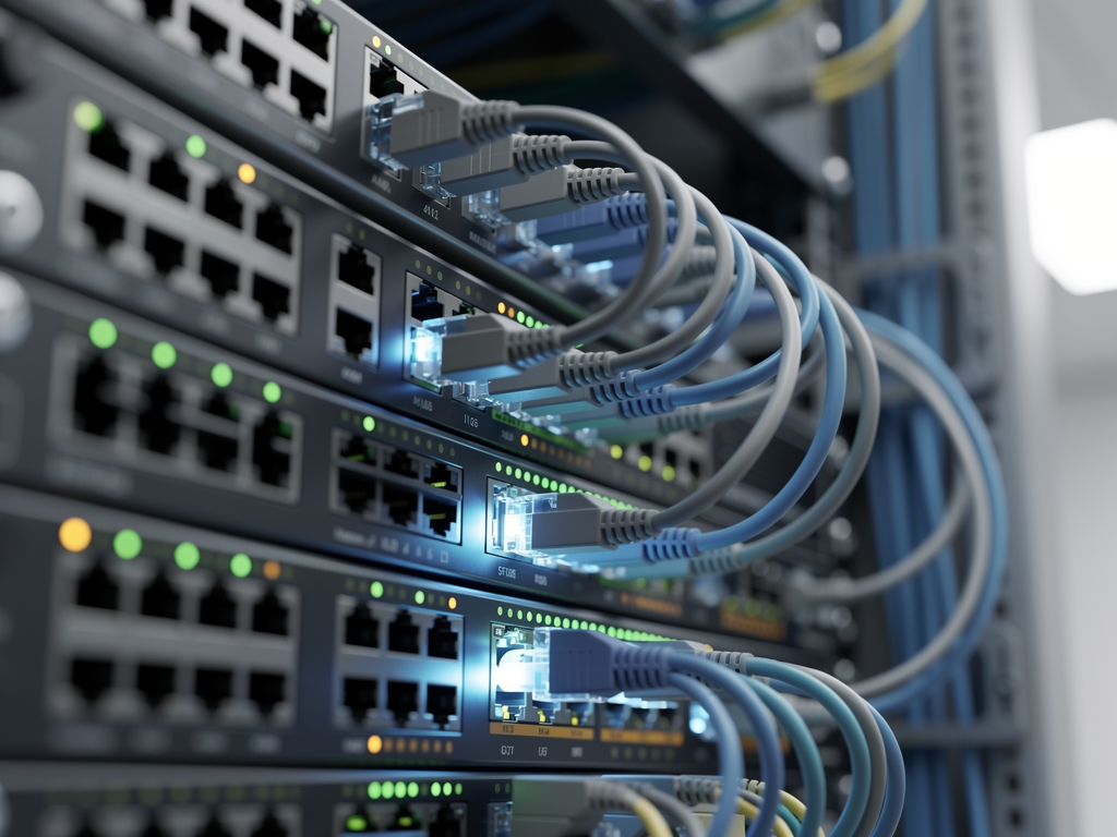A close-up view of enterprise network switches in a rack with fiber optic cables glowing blue, status LEDs indicating active connections, and cable management organizing connections in a professional data center setting