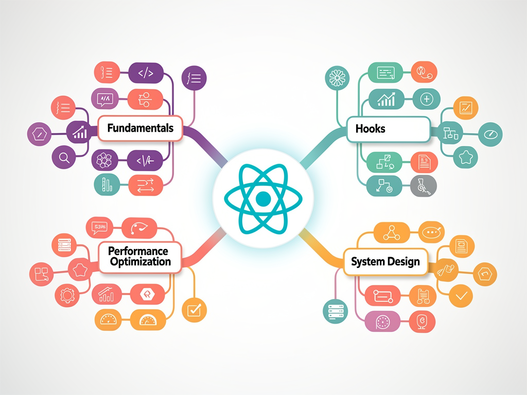 Mind map showing React interview preparation topics branching from a central node, including fundamentals, hooks, state management, performance, testing, and system design, with sub-topics under each branch in a colorful infographic style