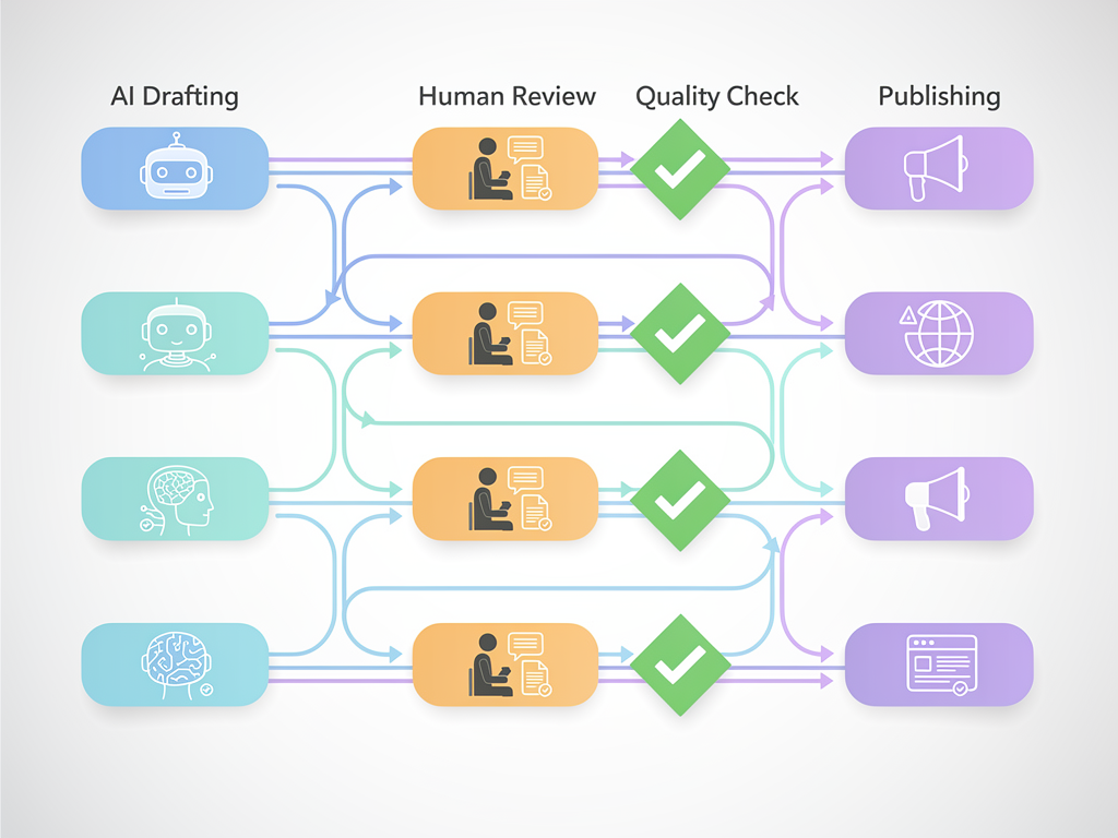 Content production workflow diagram showing parallel tracks for different content types, with AI handling initial drafts flowing into human review stages, quality checkpoints marked with approval gates, and final publishing automation, using flowchart style with color-coded stages