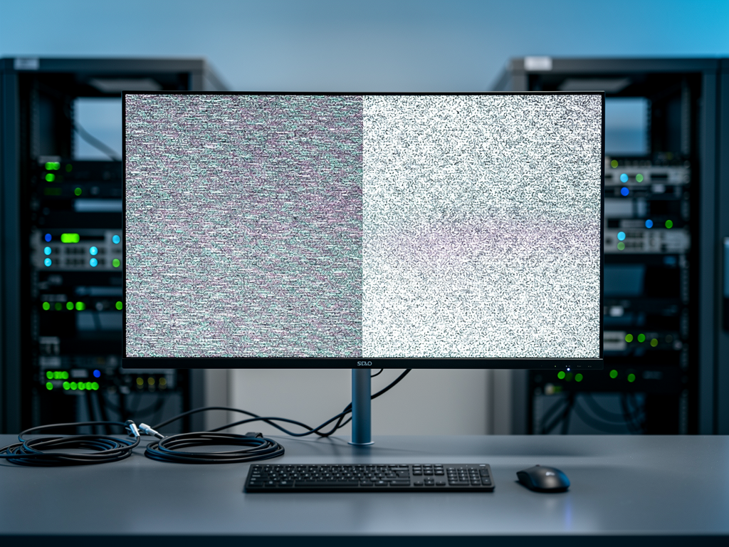 Split-screen comparison showing video quality with and without QoS configuration, left side displaying pixelated artifacts and right side showing crystal-clear 4K video playback, professional AV testing environment