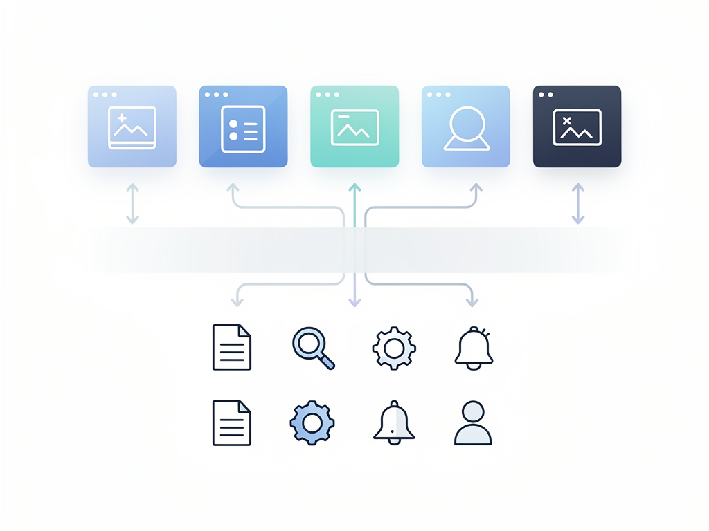 A software architecture diagram showing an abstraction layer pattern for icon implementation. The diagram displays application components at the top connecting to an icon abstraction layer in the middle, which then connects to the Lucide library at the bottom. Arrows indicate the flow of imports and how the abstraction layer isolates the application from direct library dependencies. The style is clean and technical with a light background.