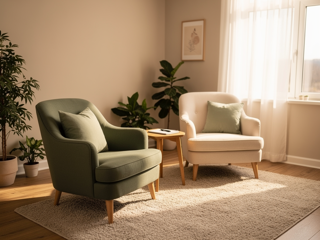 A warm, naturally lit therapy room with two comfortable armchairs facing each other near a window with soft daylight streaming in, creating an inviting and safe atmosphere for conversation, with a small table holding a notepad and pen between the chairs
