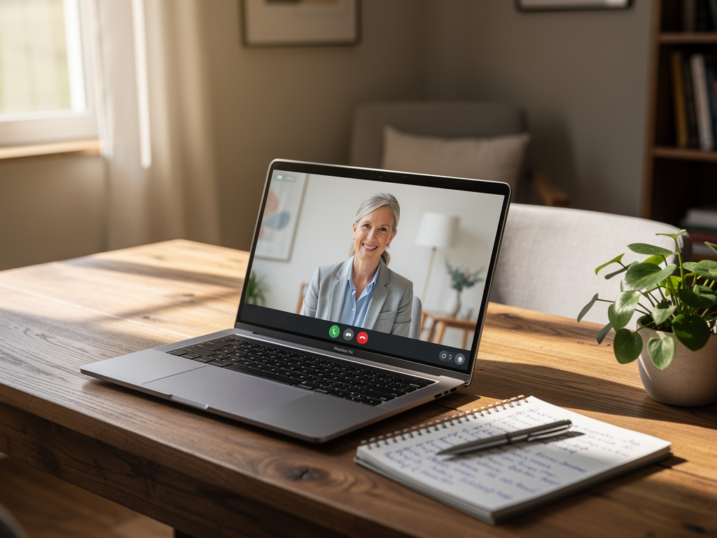 A laptop screen showing a video therapy session in progress, positioned on a home desk with a notepad and pen nearby, natural daylight illuminating the workspace, representing accessible online mental health support