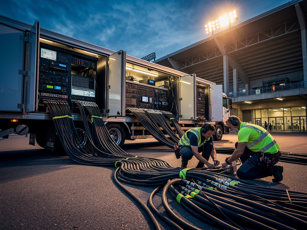 A traditional sports broadcasting truck parked outside a stadium at dusk, with thick bundles of SDI cables running from the vehicle into the venue. The scene shows technicians managing the complex cable infrastructure under stadium lighting, highlighting the scale of conventional broadcast operations.