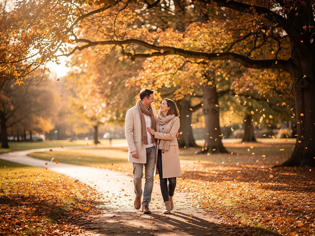 A couple walking together through a peaceful British park in autumn, golden leaves scattered on the path, natural afternoon light creating a warm glow, their body language showing comfortable closeness and connection, suggesting healthy relationship dynamics and emotional availability
