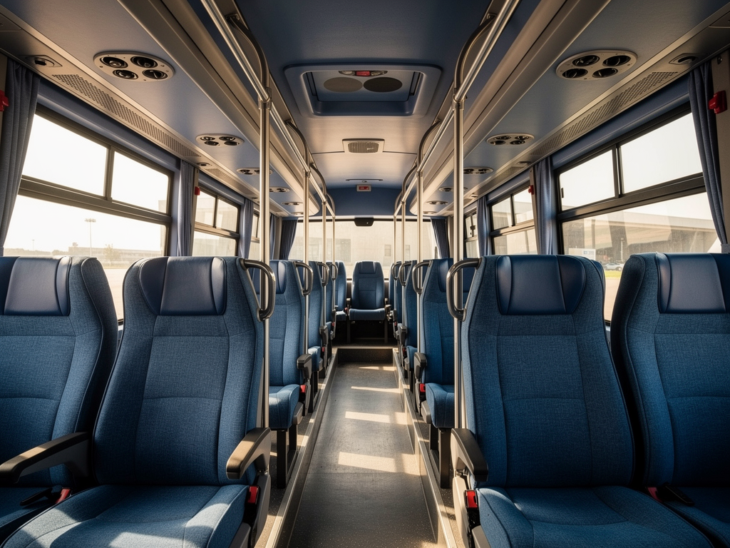 Interior view of a Vayu Vajra bus showing comfortable blue fabric seats arranged in rows, overhead luggage racks, air conditioning vents, and grab handles, with natural daylight streaming through large tinted windows