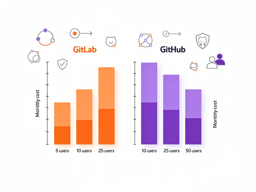 Pricing comparison infographic showing GitHub and GitLab tier structures with feature highlights, using clean data visualization with bar charts comparing costs at different team sizes (5, 10, 25, 50 users) and icons representing key features at each tier