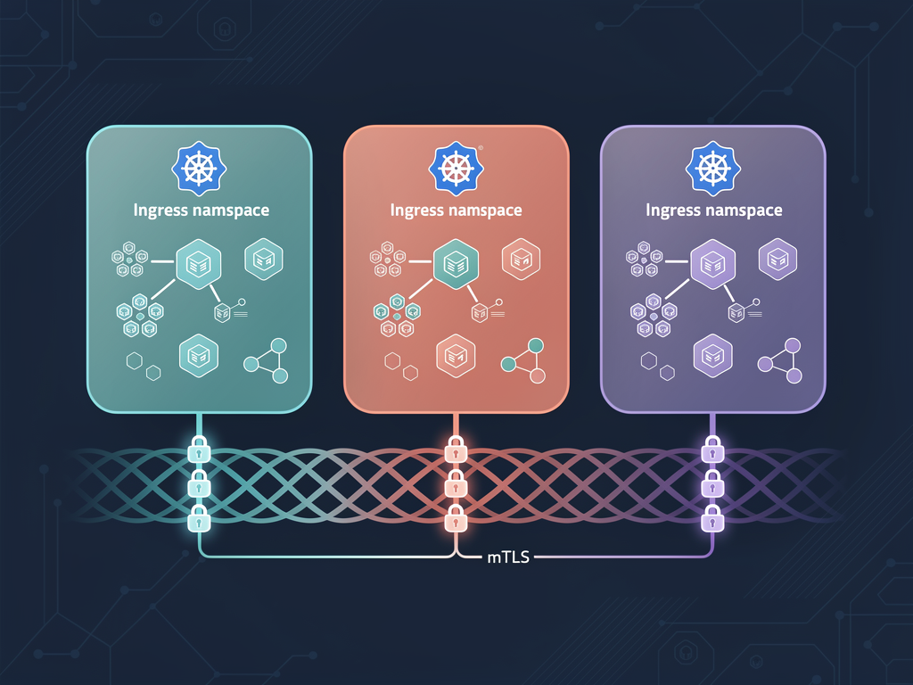 Technical diagram illustrating Kubernetes namespace isolation with network policies, showing three separate tenant namespaces with their own pods, services, and ingress controllers, connected through a service mesh layer with mTLS encryption indicators