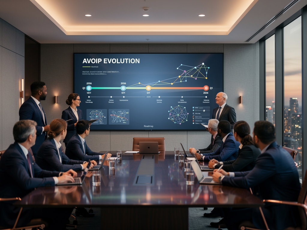 A technology planning session with executives and technical staff reviewing a roadmap presentation showing AVoIP evolution timeline, modern boardroom with large display screen, professional business environment emphasizing strategic technology planning
